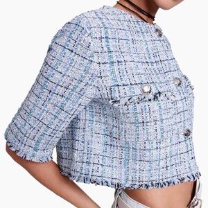 NEW Maje Tweed Jacket Sz 38 Silver Metallic Thread Blue